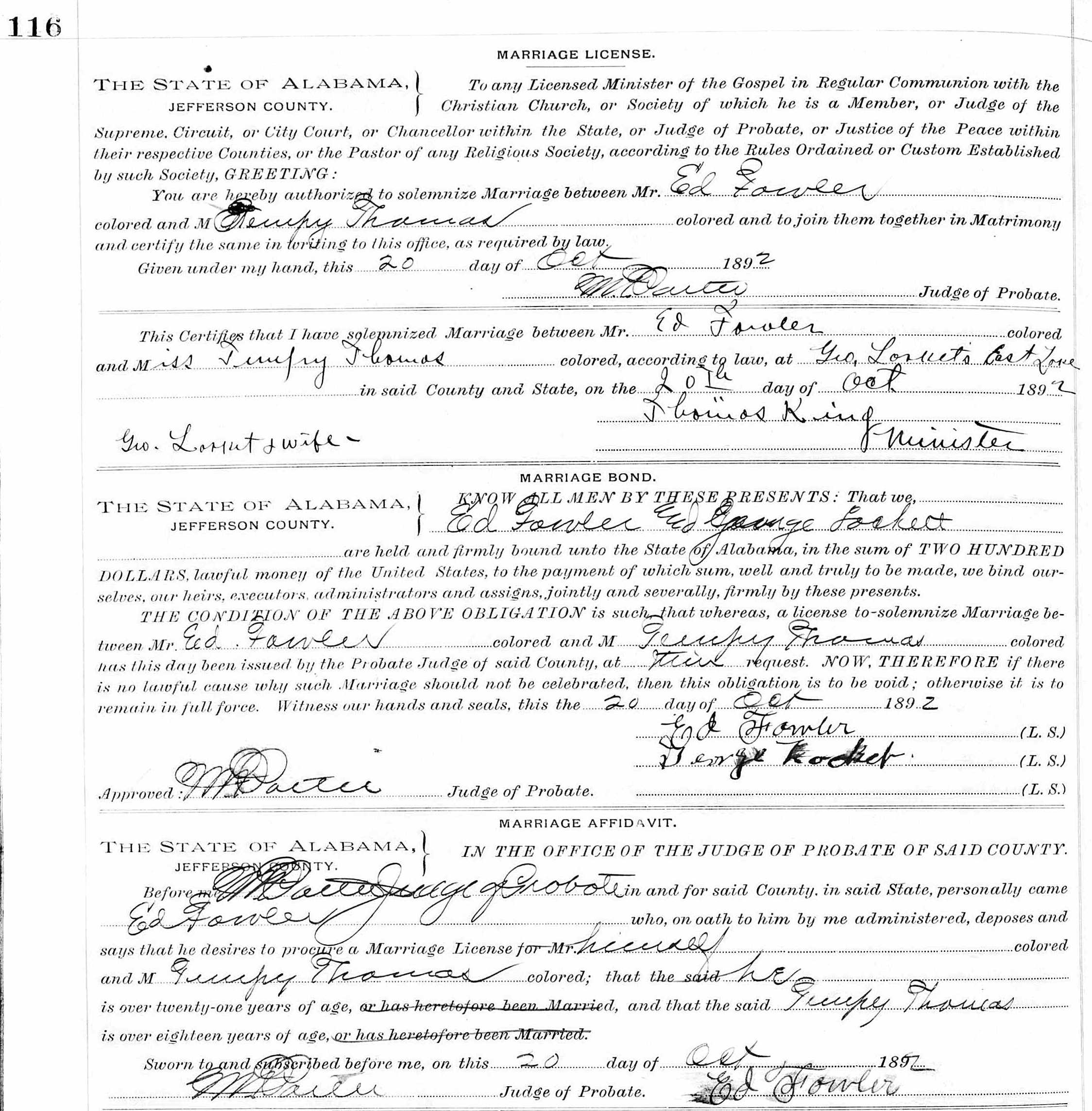 Ed Fowler and Tempy Thomas marriage, October 20, 1892